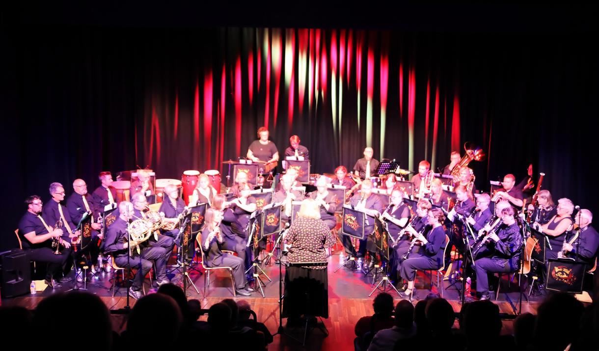 Taken the the audience, we see a large group of musicians playing a variety of instruments in front of a stage curtain