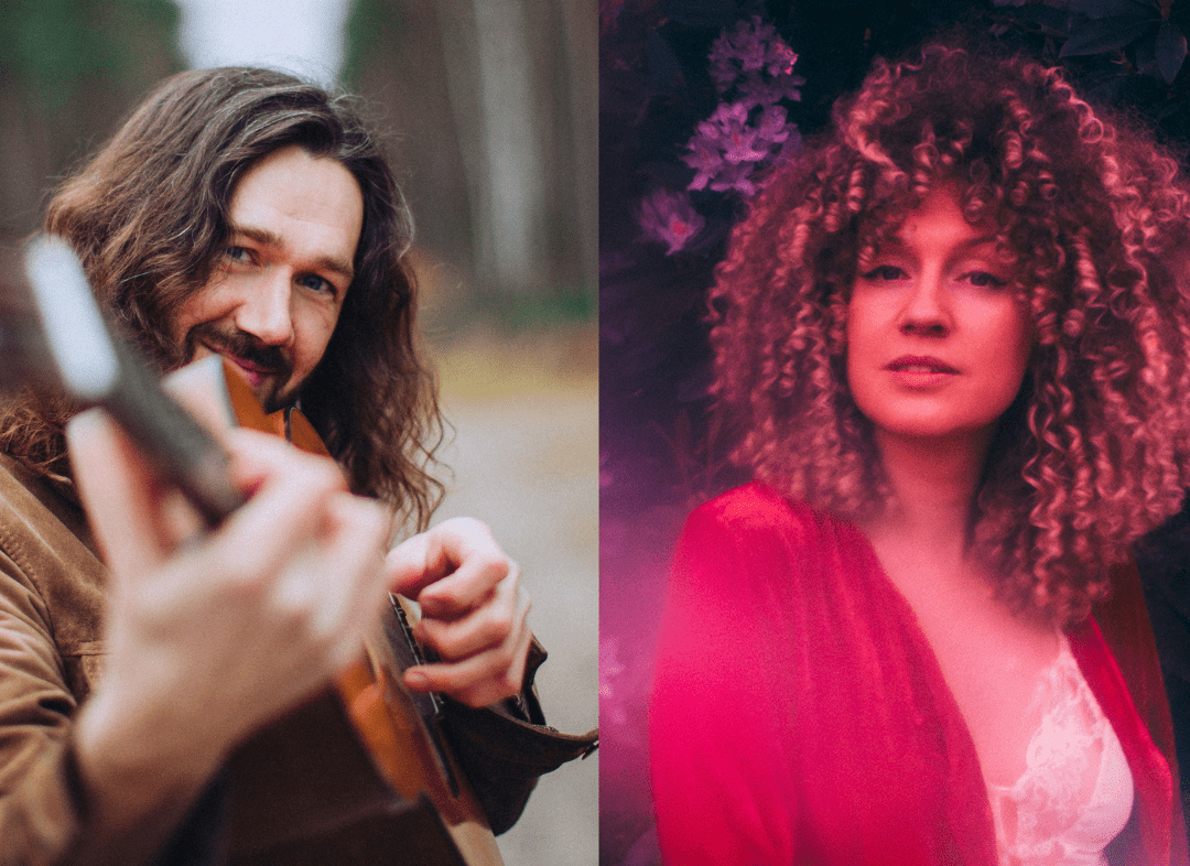 The image is split into two photos, one of a man holding a guitar in front of a daytime woodland background. The other is a women in front of a nighttime woodland background