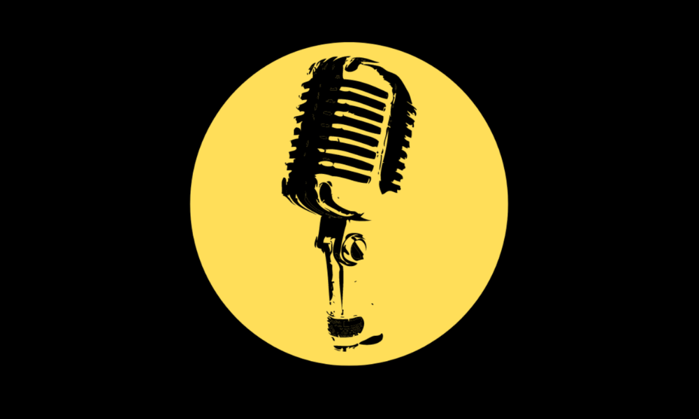 An stylised illustration of a silhouette of a microphone on a yellow circle, with a back background behind.