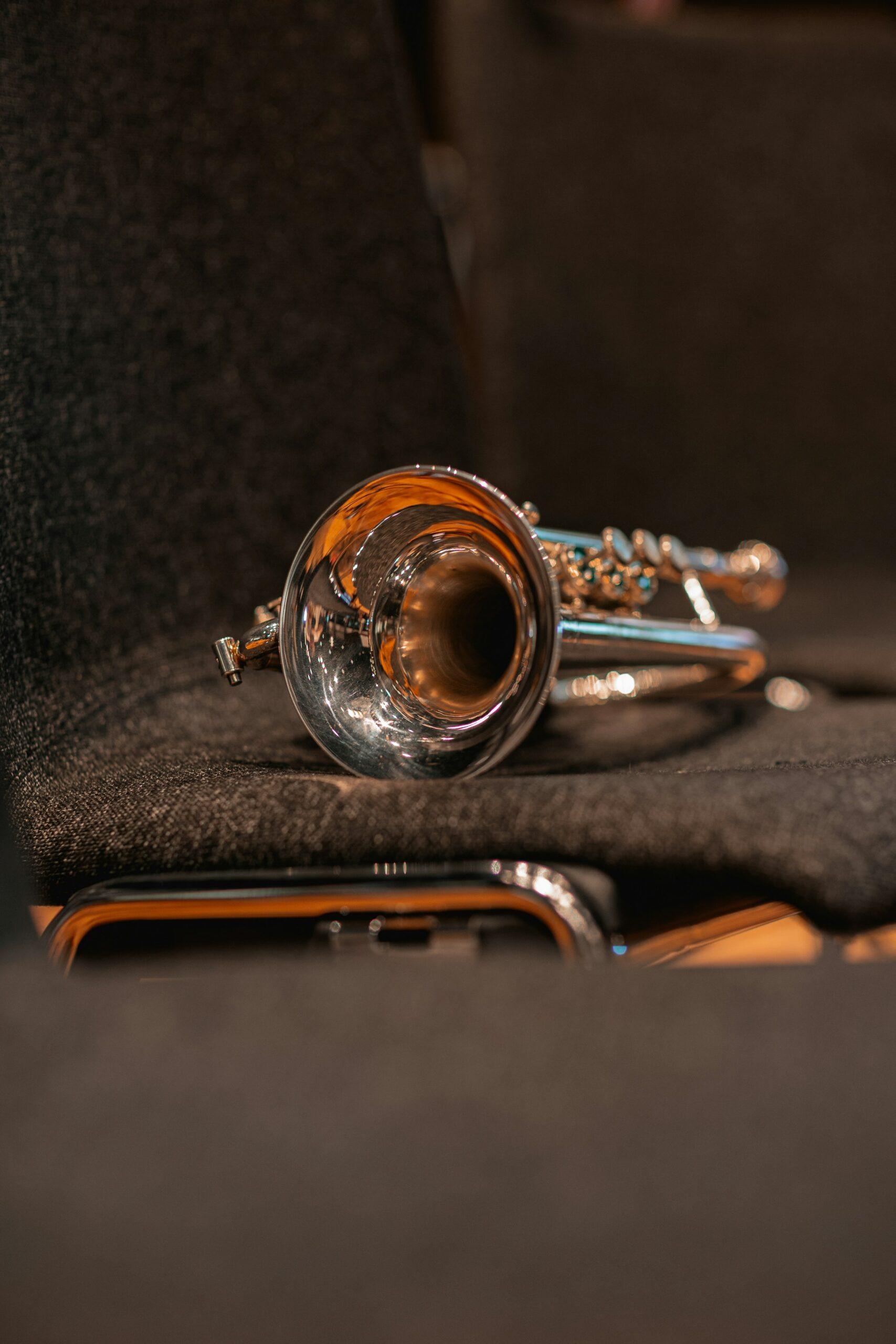In dark lighting, a trumpet sits on a cloth facing the camera.