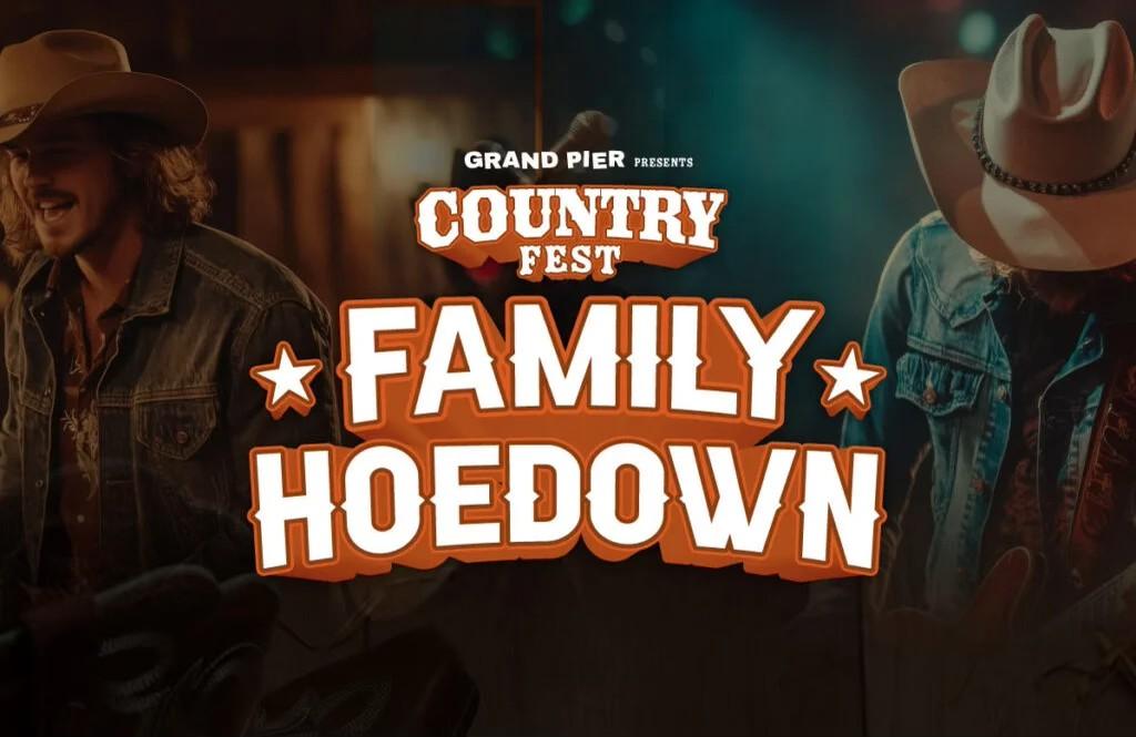 Two men stand wearing denim coats, checked shirts and cowboy hats. The test 'Country Fest Family Hoedown' is shown large in orange and white.