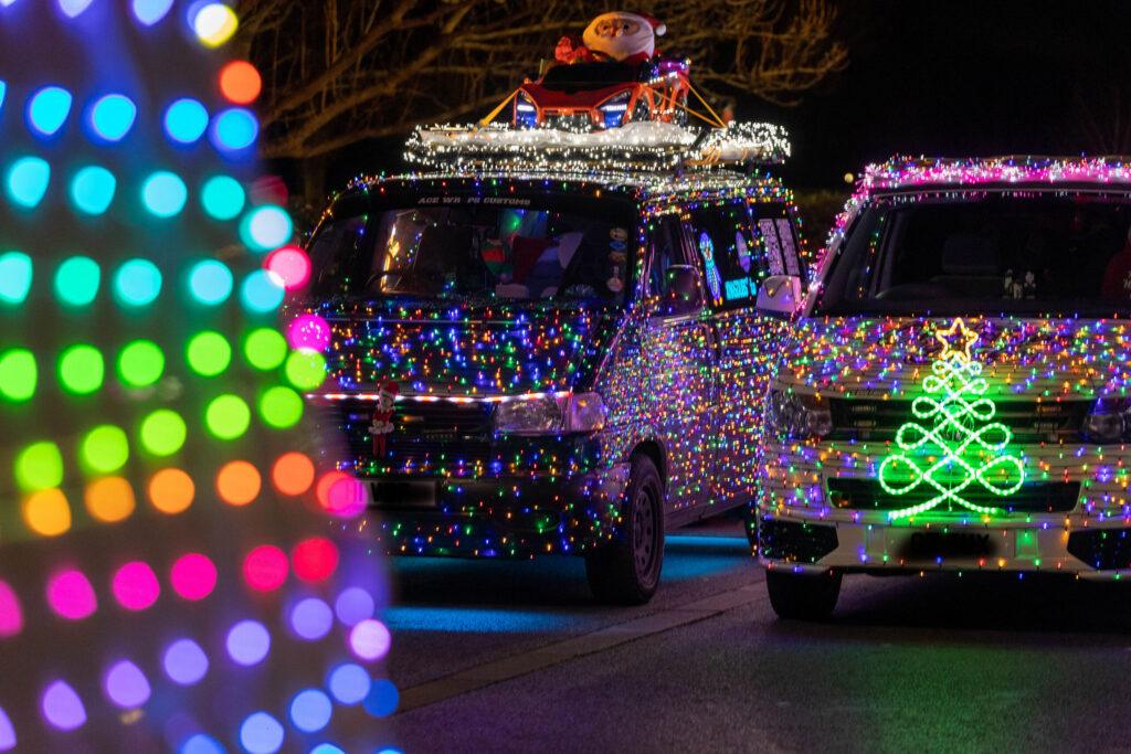 Glittering Christmas lights on VW vans at the Weston-super-Mare Vee Dubs Christmas Cruz