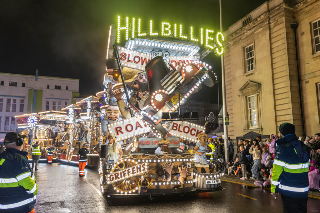 Face on view of the Hillbillies giant float in the Weston-super-Mare carnival