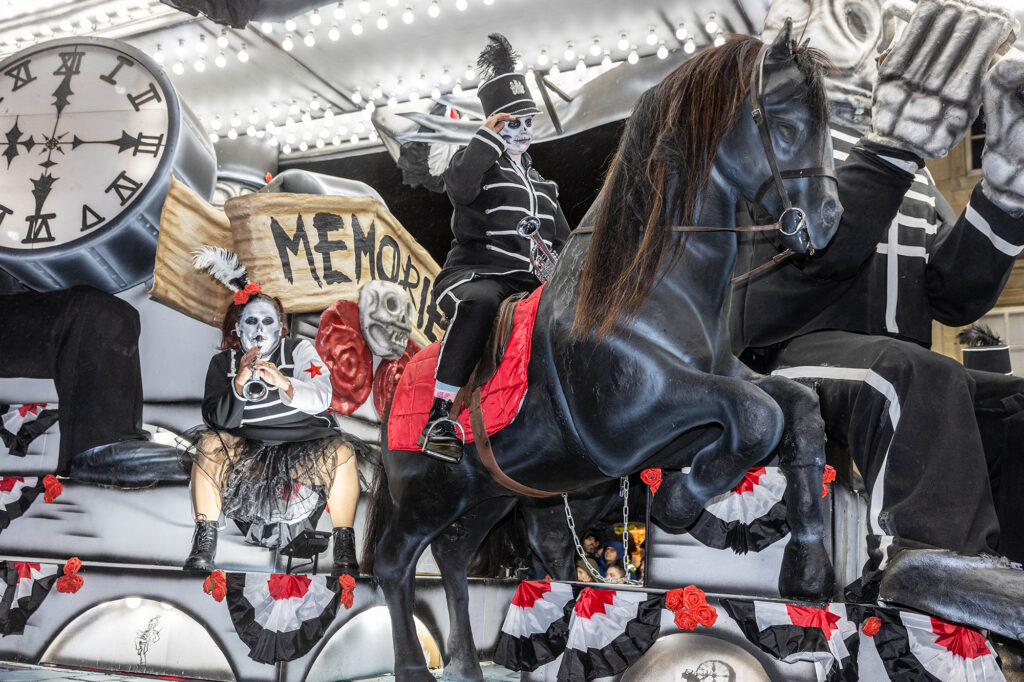 Close up of a Weston Carnival float featuring a rider on a black horse