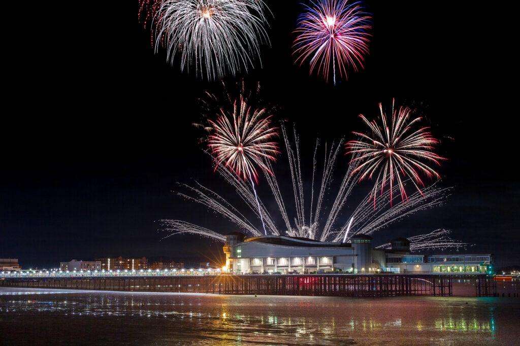 Fireworks explode over the Grand Pier in Weston-super-Mare