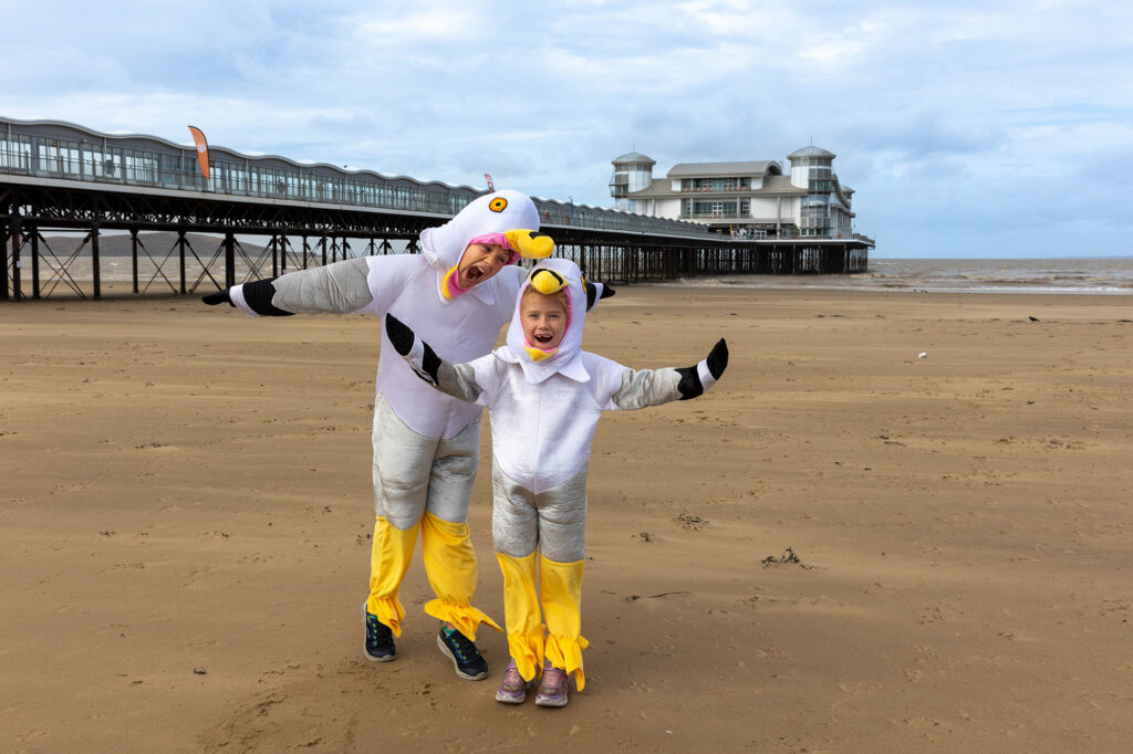 Two time European Seagull screeching champion Cooper Wallace and his sister Shelby on the beach at Weston-super-Mare