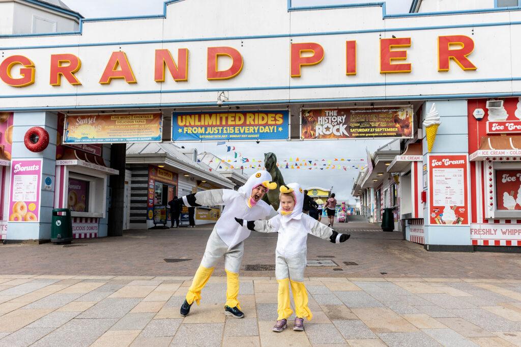 Two time European Seagull Screeching Champion Cooper Wallace and his sister Shelby outside The Grand Pier in Weston-super-Mare