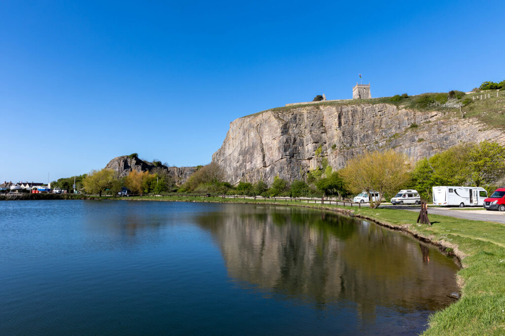 Uphill Marina campsite looking across the lake towards the cliffs