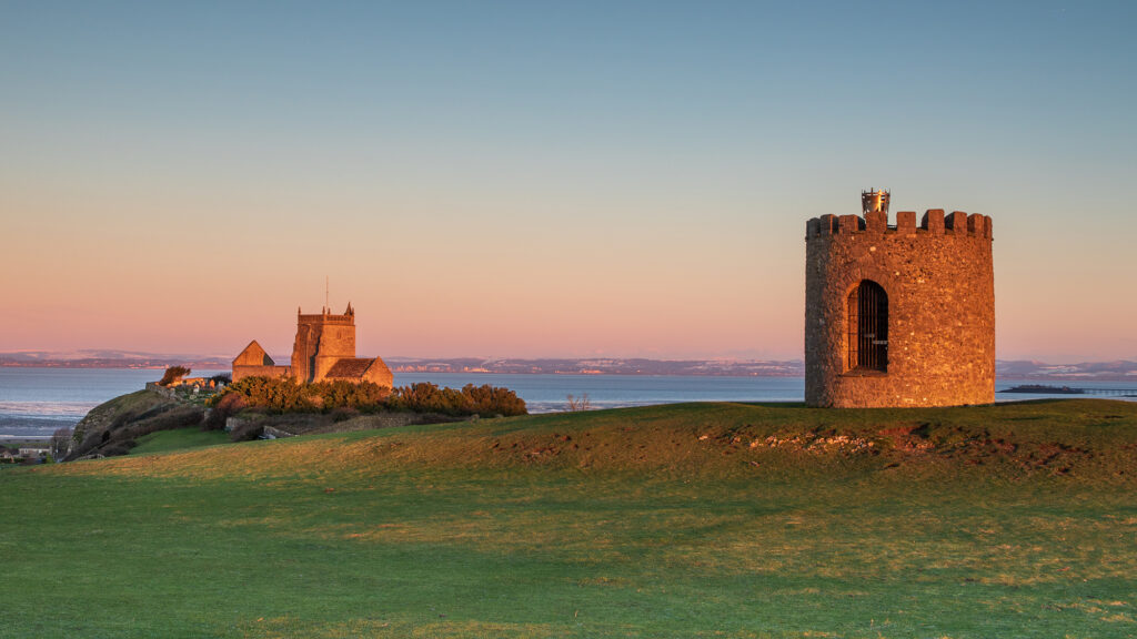 Uphill Beacon and St Nicholas Church, Uphill at sunrise