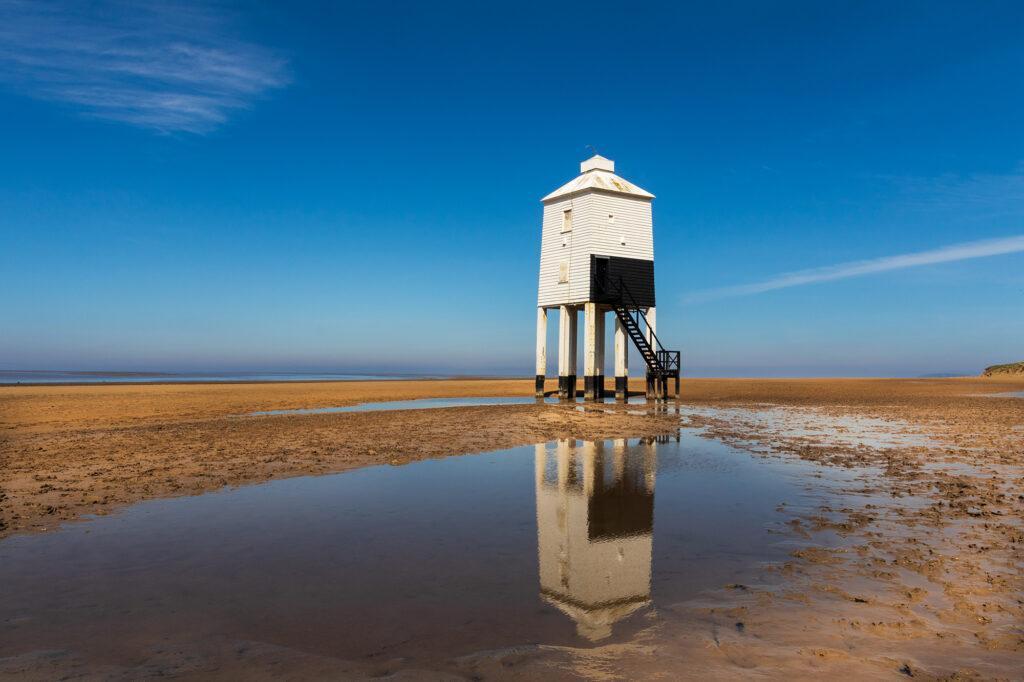 The distinctive wooden lighthouse at Burnham-on-Sea which sits on stilts