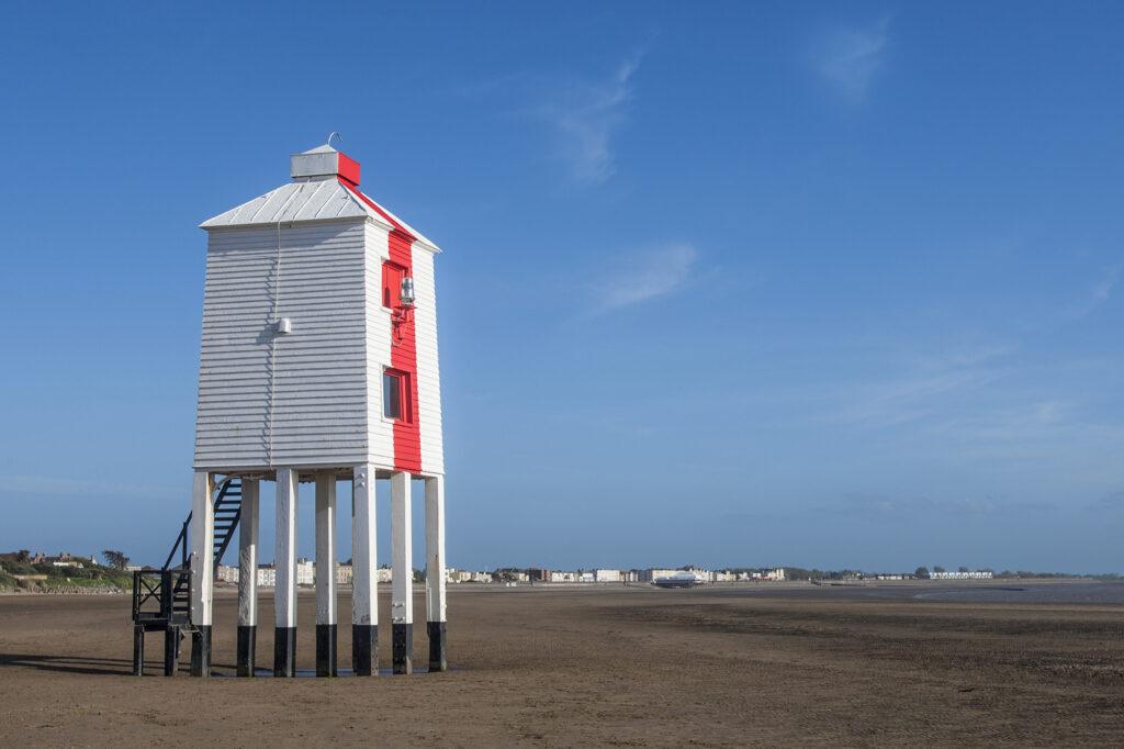 Burnham's distinctive red and white wooden lighthouse on stilts