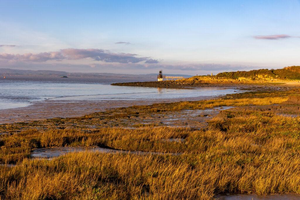 Looking across the reed marshlands to the lighthouse at Battery Point, Portishead