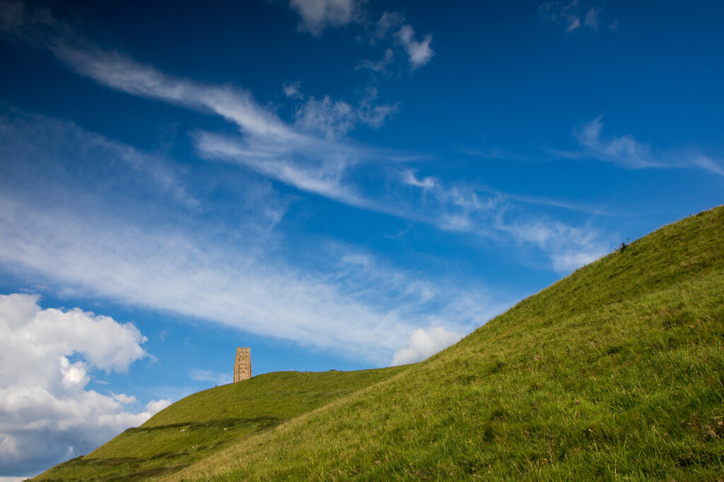 View alongside the hills to Glastonbury Tor