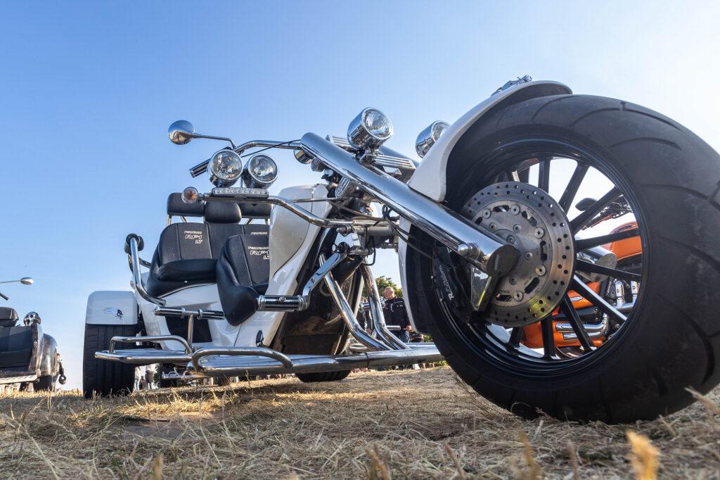 Low down view of a sleek silver motorbike trike at the Weston-super-Mare Bike night