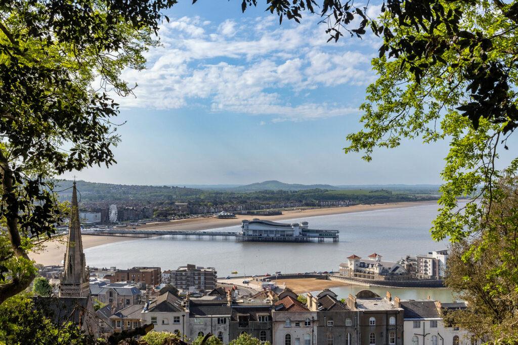View looking down on Weston-super-Mare and its pier from Weston Woods