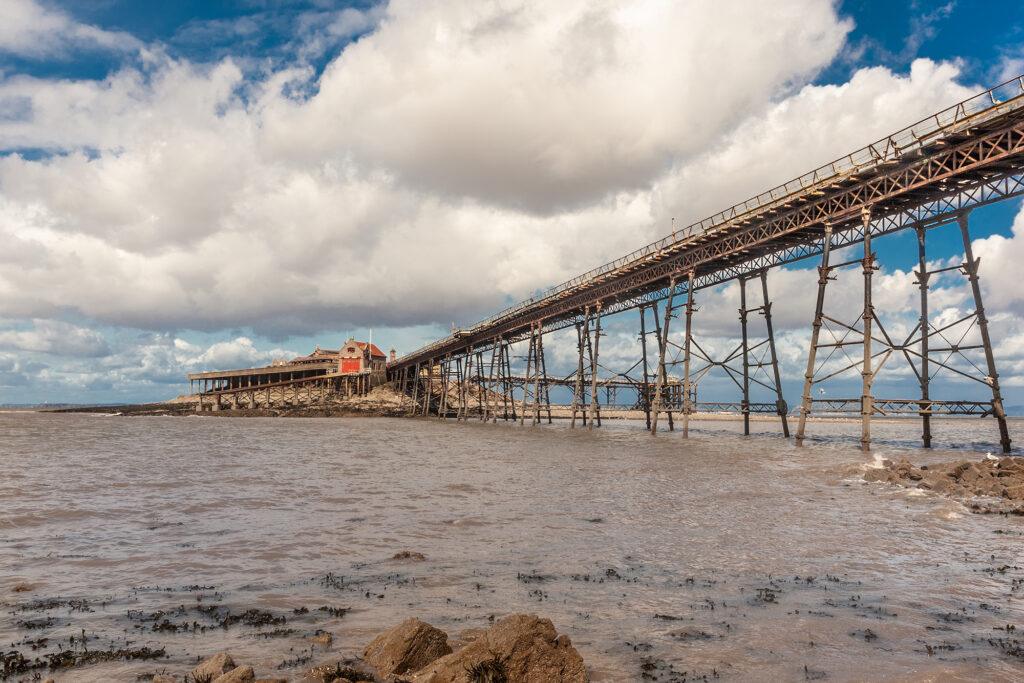 Looking underneath the frame of the walkway to Birnbeck Pier, Weston-super-Mare
