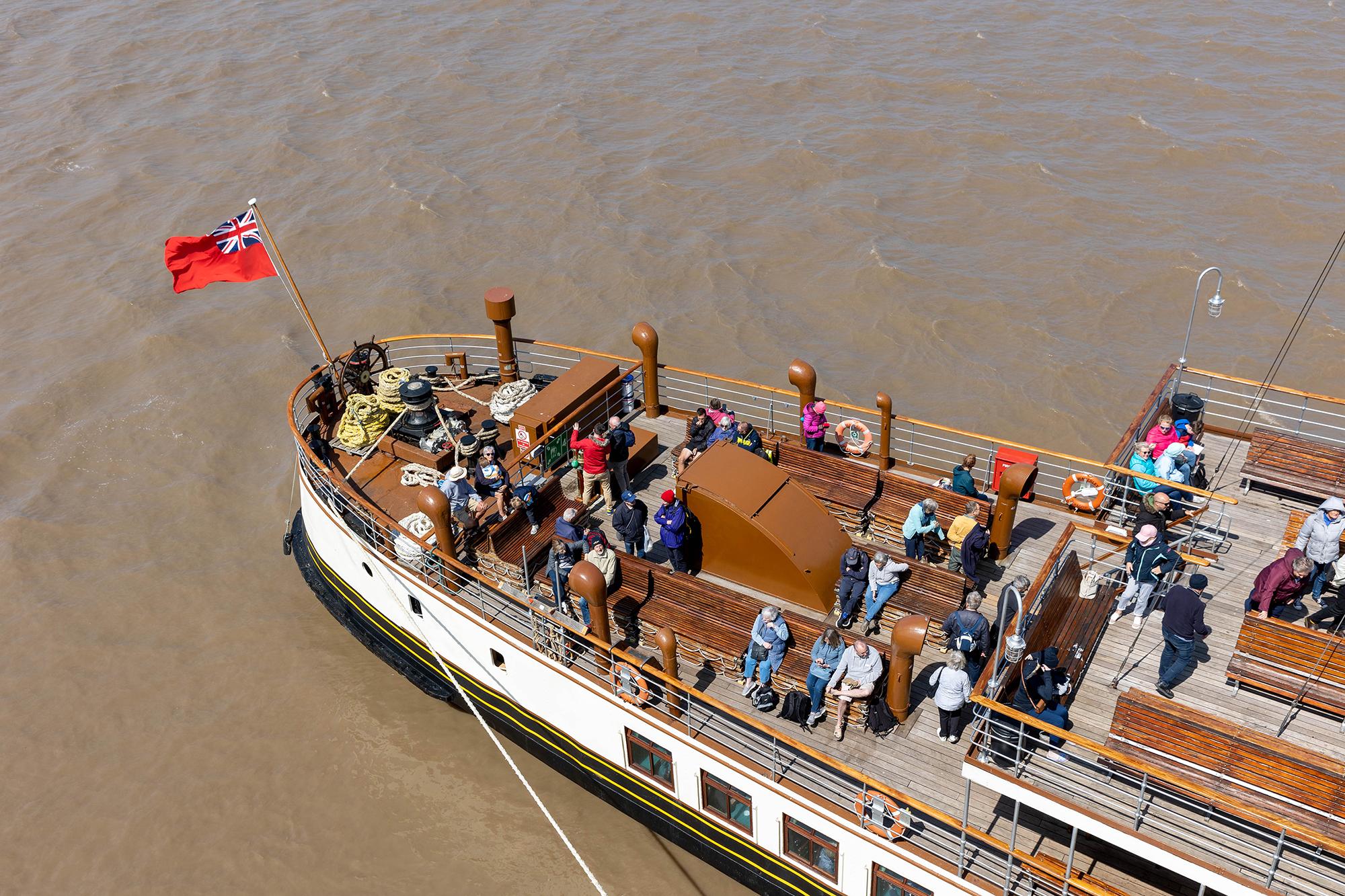 Aerial view looking down on the deck of the Waverley paddle steamer - the world's last seagoing paddle steamer