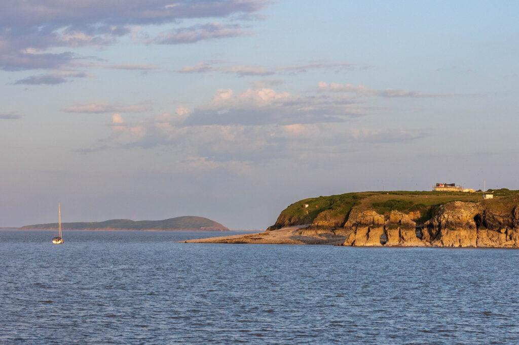 View of Flat Holm in the Bristol Channel as seen from the Waverley paddle steamer - the world's last seagoing paddle steamer