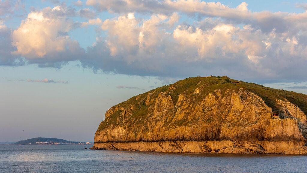 View of Steep Holm in the Bristol Channel as seen from the Waverley paddle steamer - the world's last seagoing paddle steamer