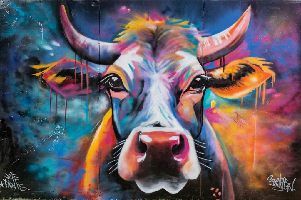 A colourful cow created during the Weston Wallz Spray Jam (temporary artwork, no longer on display)