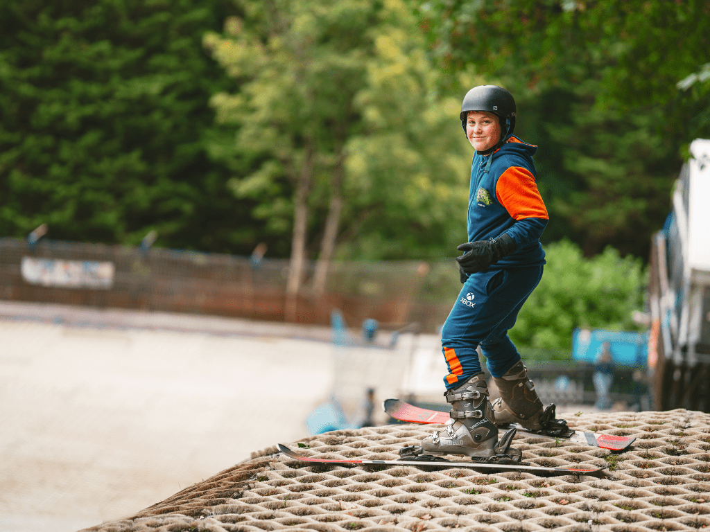 A skier at the top of the slope at the Mendip Activity Centre