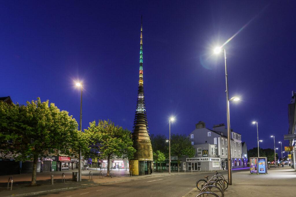 Weston-super-Mare's Silica tower lit up at night