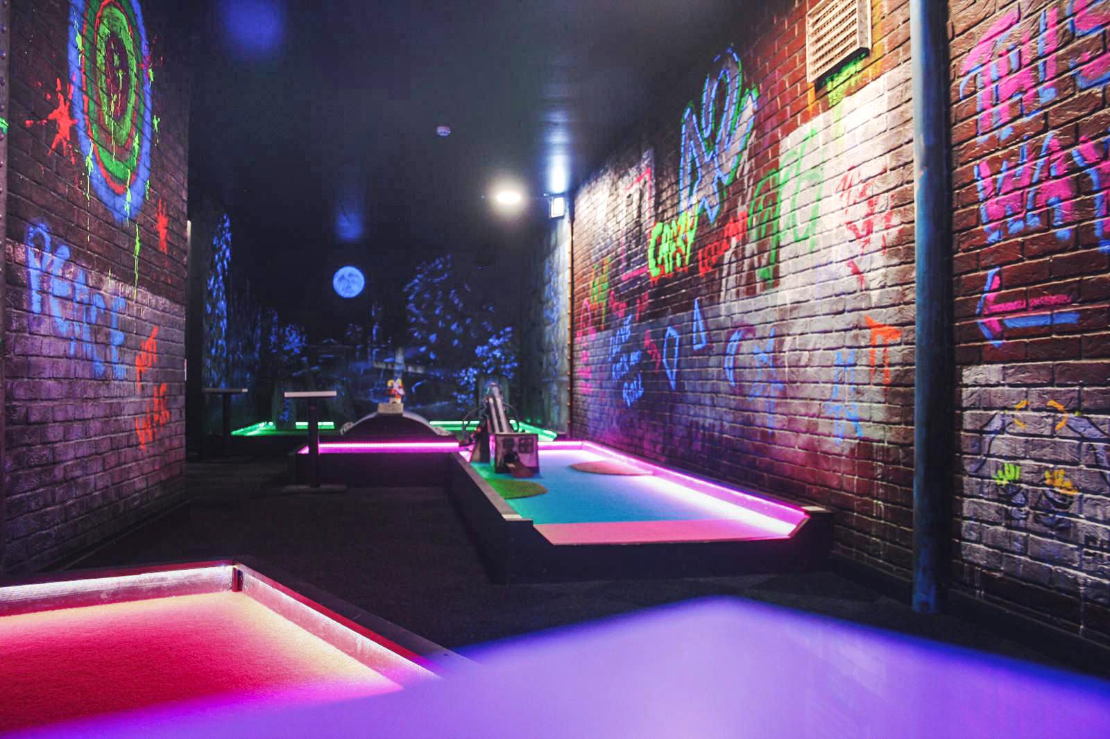 Inside Revo glow golf centre at Weston-super-Mare
