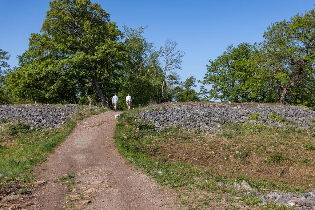 Walkers at the iron-age hillfort in Worlebury Woods near Weston-super-Mare