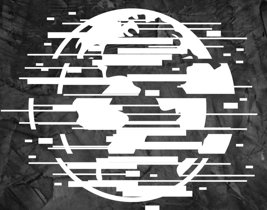 A black and white globe segmented into sections on a black background