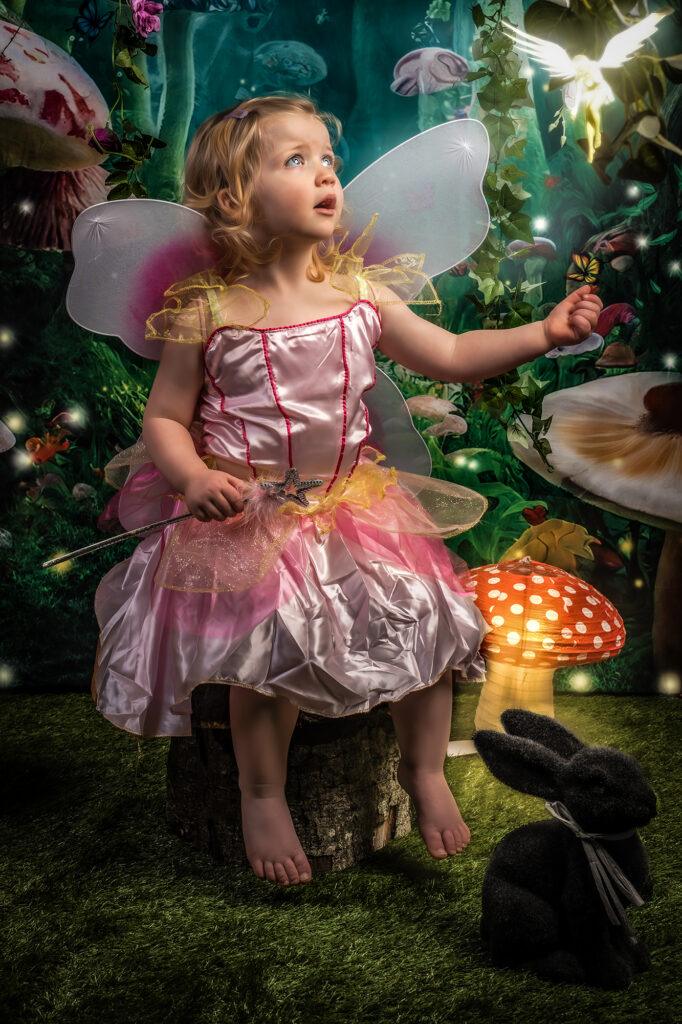 A young child dressed as a fairy in a magical grotto
