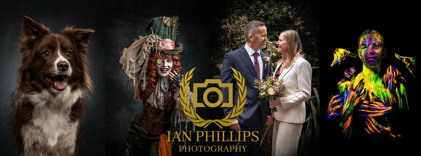 A banner image featuring four photos - a dog, a cosplay character, a wedding couple and a glow art person - with a camera logo and the words Ian Phillips Photography stamped in the middle