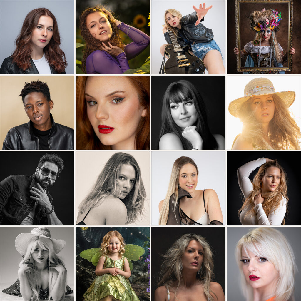 A collage of 16 portraits of men and women