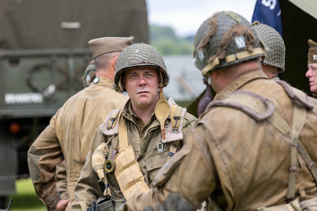 Two men in army uniform chatting at the Dig for Victory Show in North Somerset