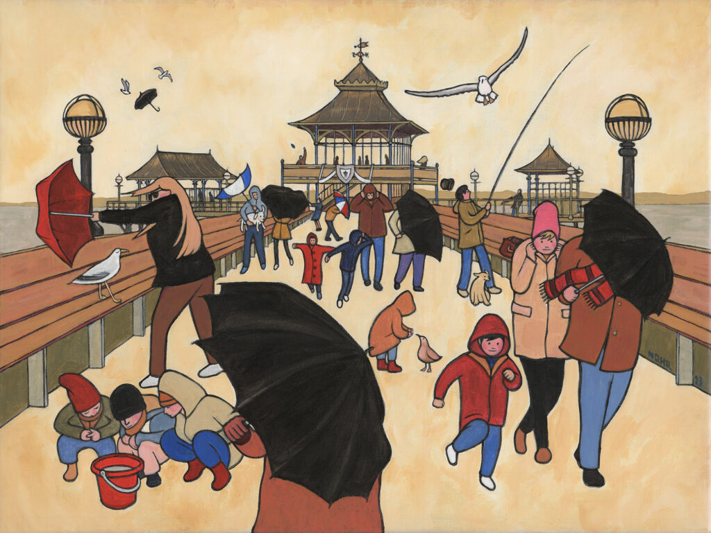 A Lowry-inspired painting of people with umbrellas battling against the wind on Clevedon Pier