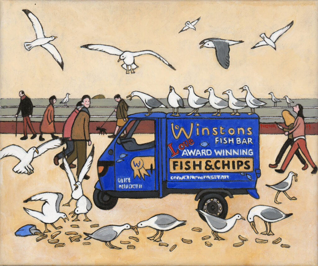 A Lowry-inspired painting of a fish and chip van on Weston-super-Mare promenade being surrounded by seagulls
