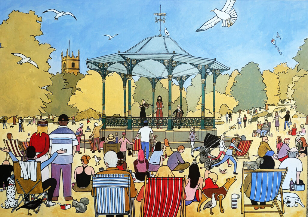 A Lowry-inspired paiting of three people performing a bandstand concert to an audience in Grove Park, Weston-super-Mare