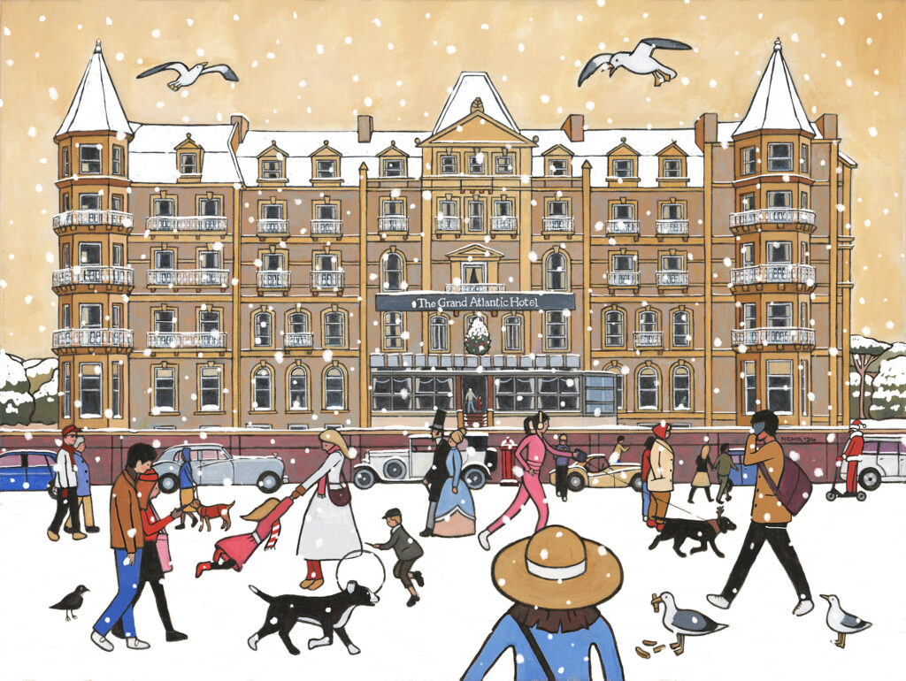 A Lowry inspired painting of people walking past the Grand Atlantic Hotel in Weston-super-Mare in winter