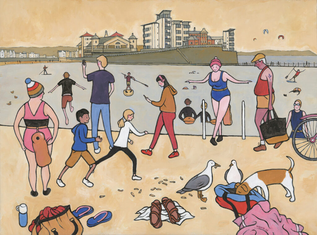 A Lowry-inspired image of lots of bathers at Marine Lake, Weston-super-Mare