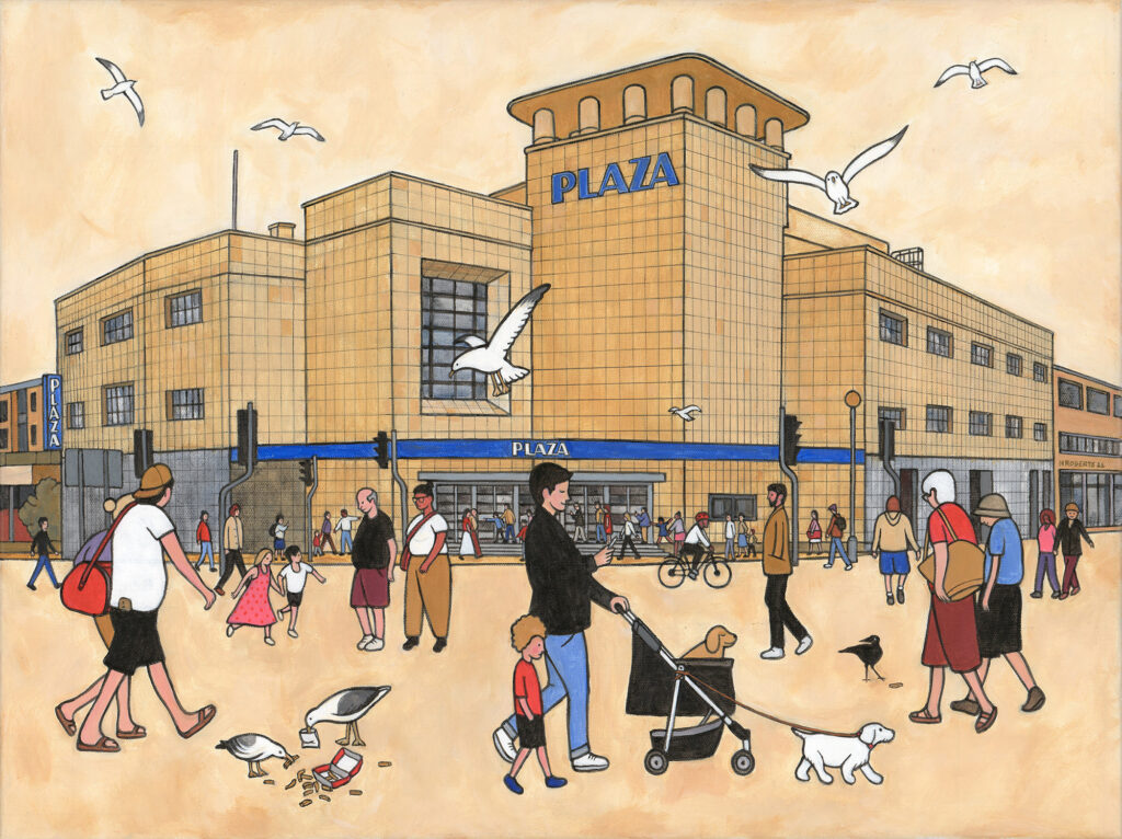 A Lowry-inspired depiction of people walking past the Plaza Cinema in Weston-super-Mare