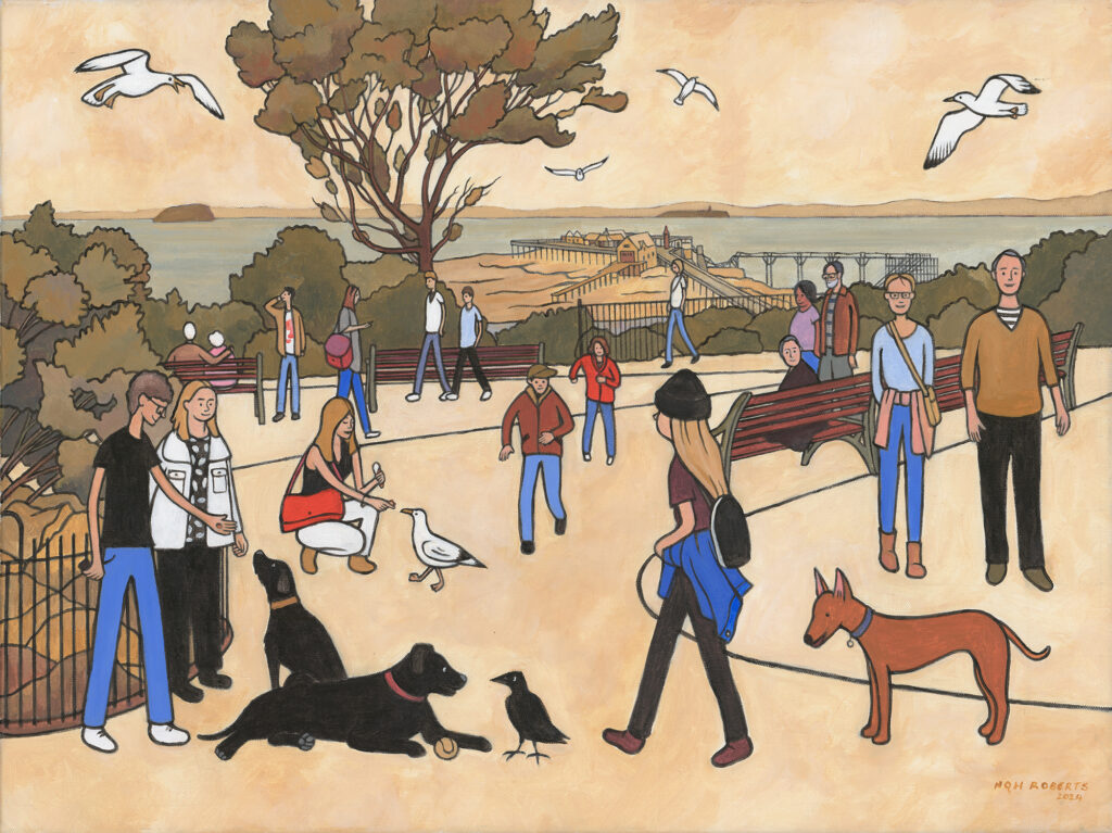 A Lowry-inspired depiction of lots of people walking in the Prince Consort Gardens, Weston-super-Mare