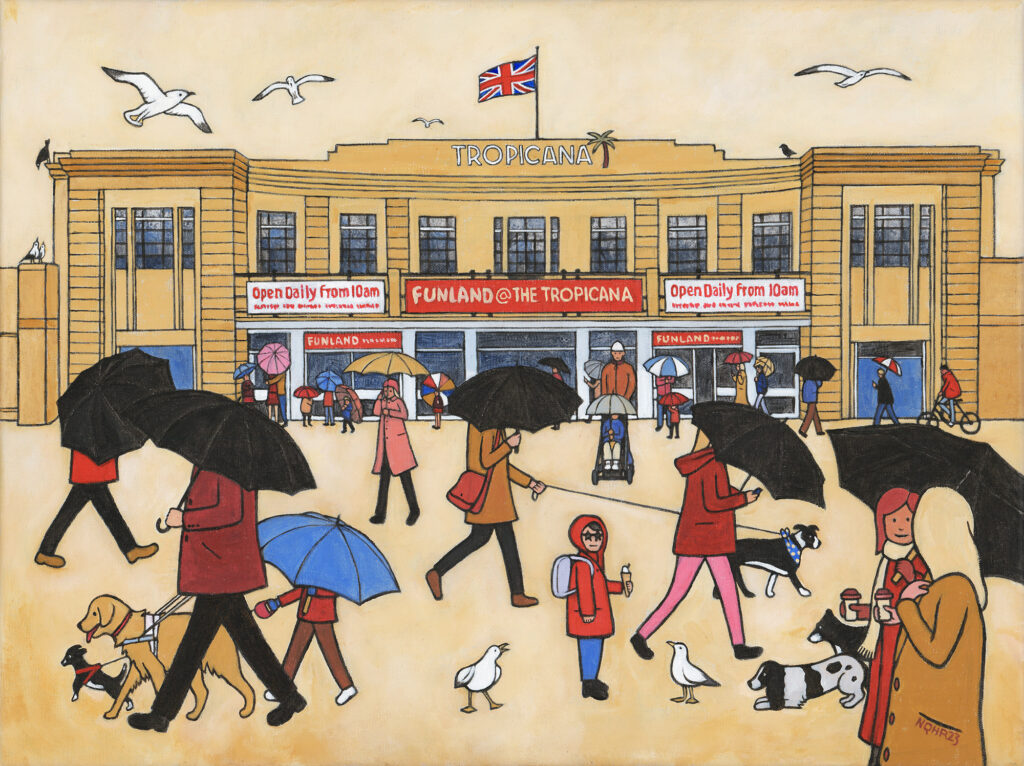 People walking with umbrellas up in a Lowry-style depiction of the Tropicana, Weston-super-Mare