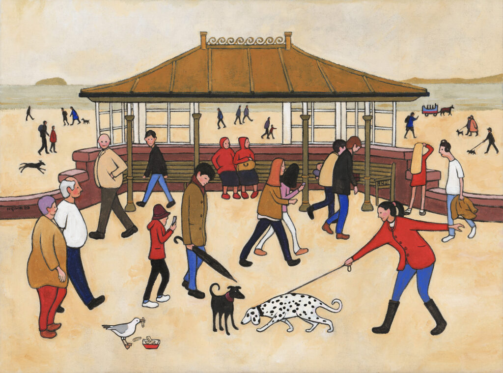Lowry style image of people and dog walkers walking past a Victoria shelter on Weston-super-Mare seafront