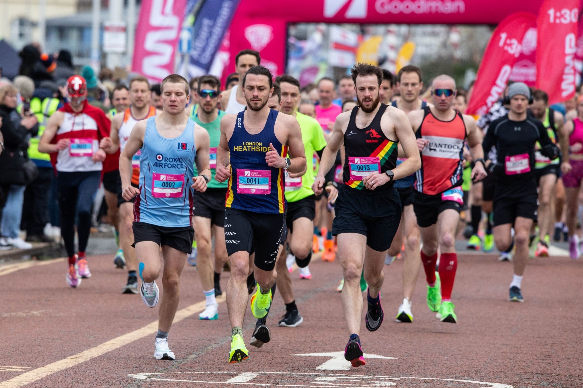 A leading group of runners making a fast start to the Weston-super-Mare Half Marathaon