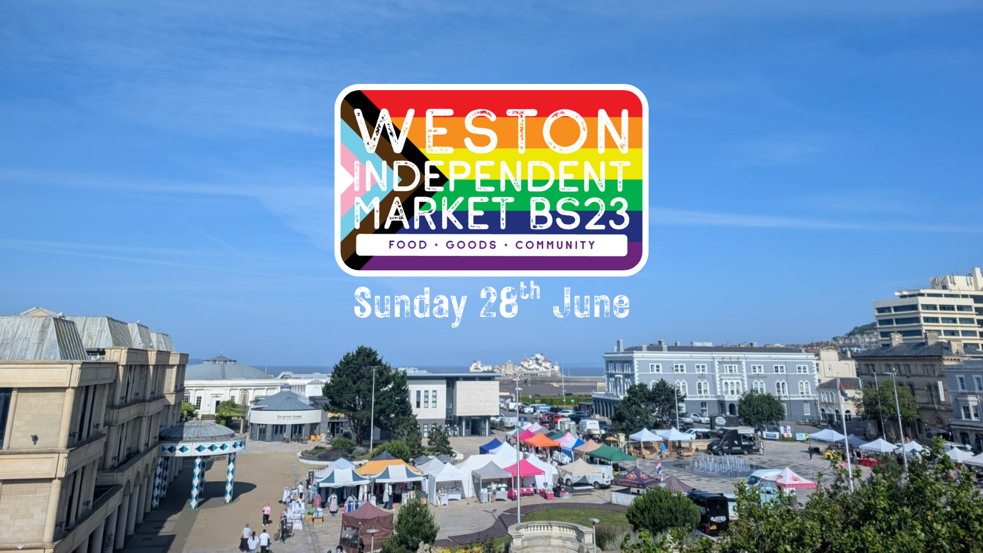 Aerial View of a Market with a Pride flag and wording stamped over it