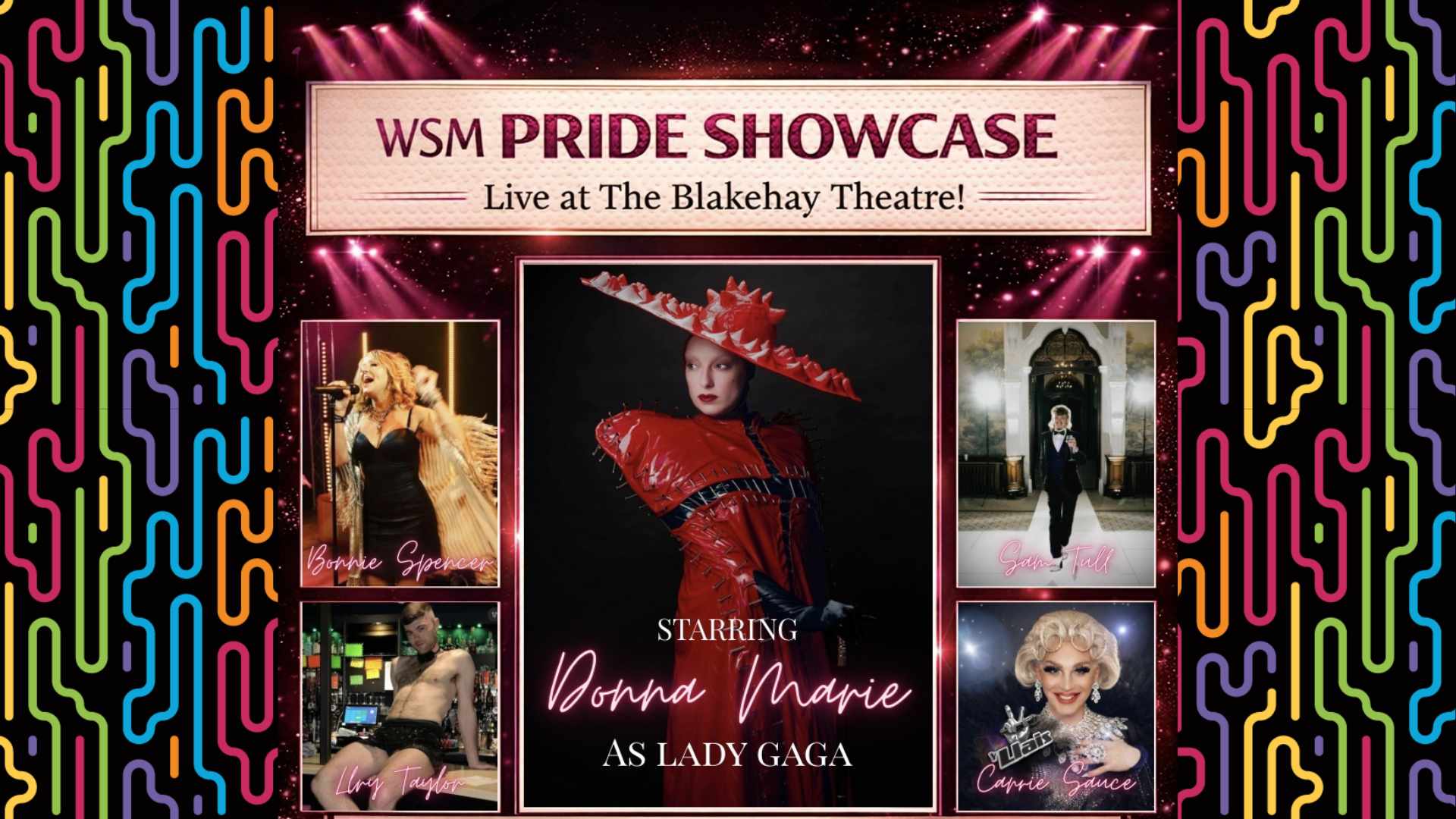 A poster featuring five photos of drag acts