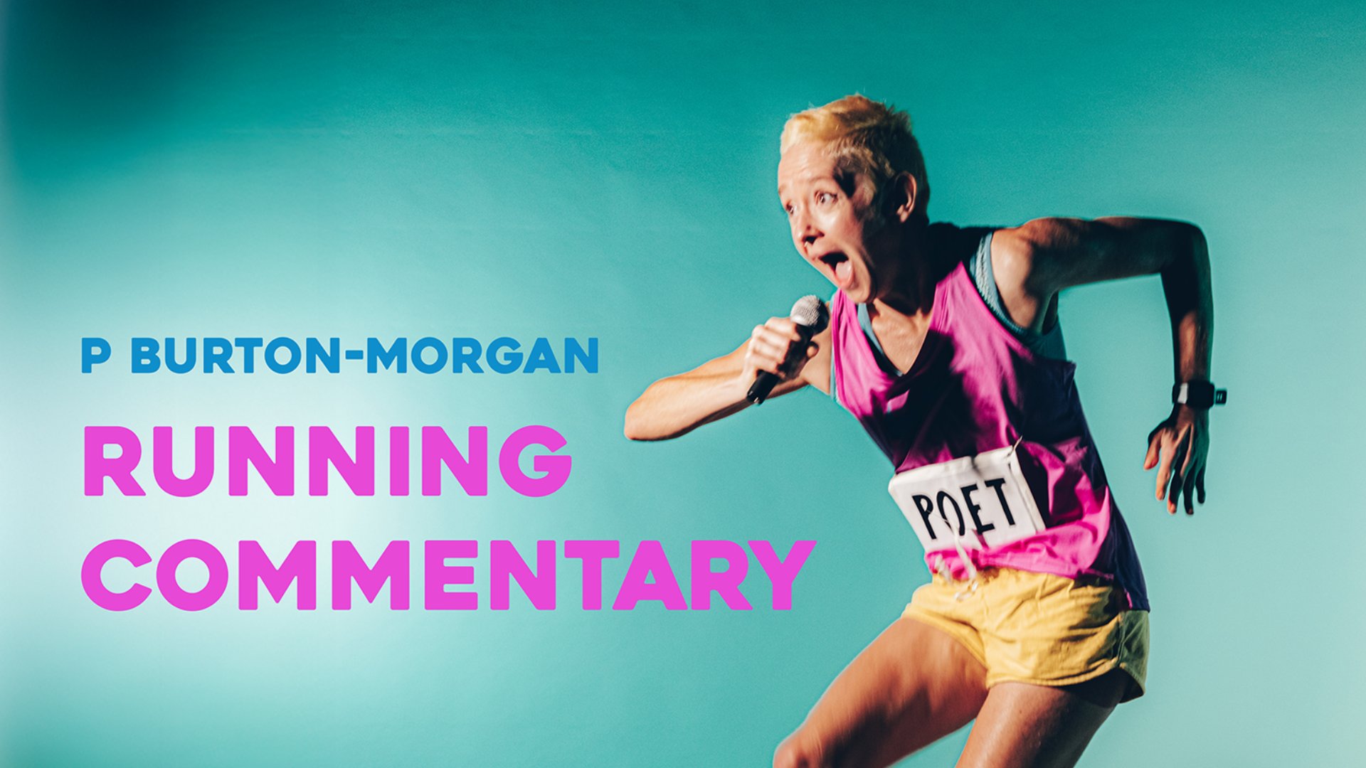A person in running gear holding a microphone