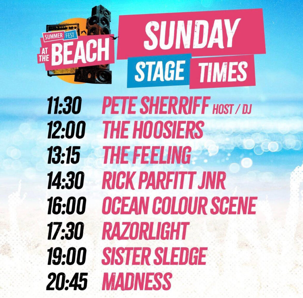 Poster featuring the event times for the bands and musicians appearing at SummerFest at Beach in Weston-super-Mare