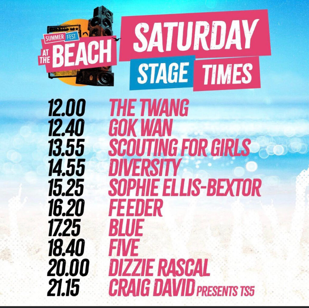 Poster showing the performance times of artists performing at Summerfest At The Beach Weston-super-Mare