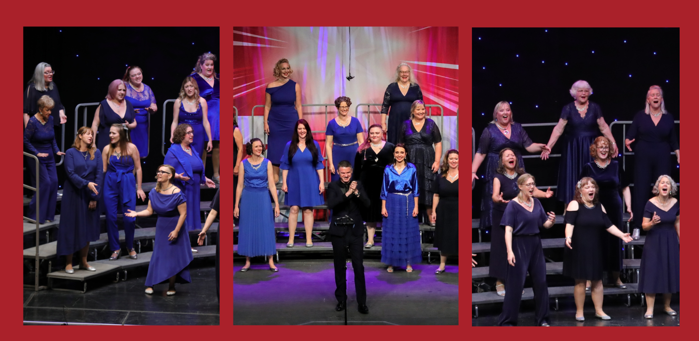 3 images side by side of an all female group of singers dressed in blue or navy. A man stands in the middle