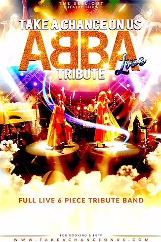 A colourful background with lots of stage lights and 4 people in Abba style dress